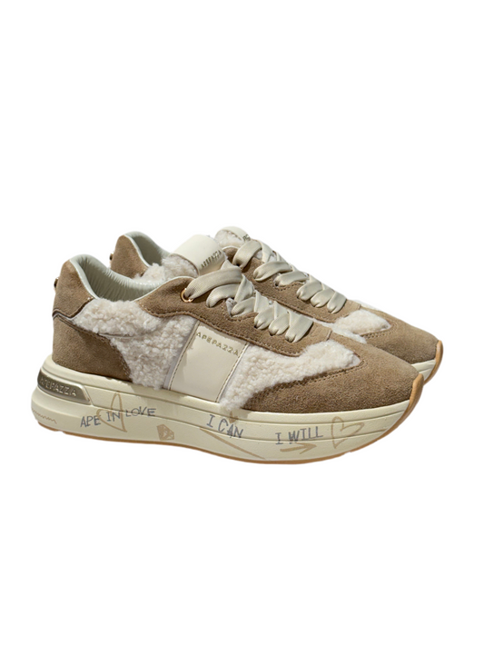 Sneakers beige dettaglio pelliccia Apepazza